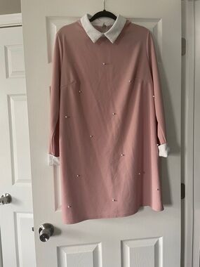 SHEIN Pink Long Sleeve Peter Pan Collar Dress with Pearls